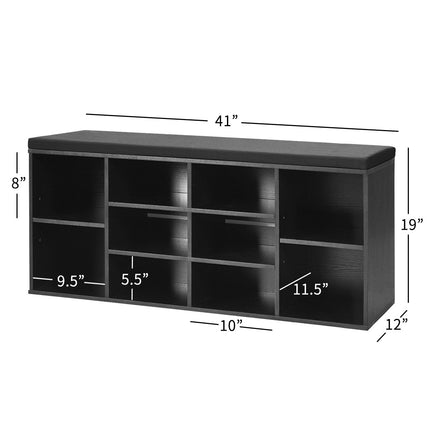 Shoe Storage Bench With Padded Seat, 10-Cube, Black