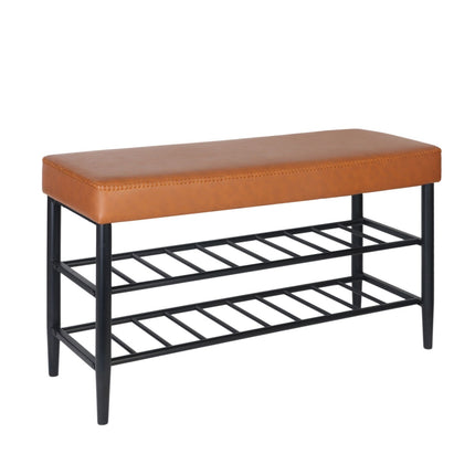 Shoe Storage Bench with 2 Shelves, Faux Leather Seat