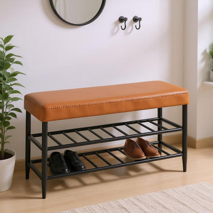 Shoe Storage Bench with 2 Shelves, Faux Leather Seat