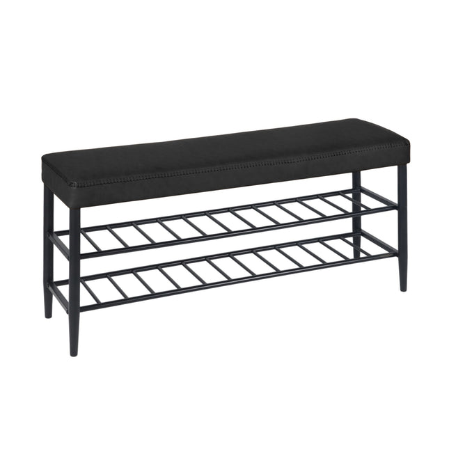 Shoe Storage Bench with 2 Shelves, Faux Leather Seat