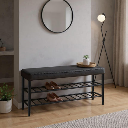 Shoe Storage Bench with 2 Shelves, Faux Leather Seat