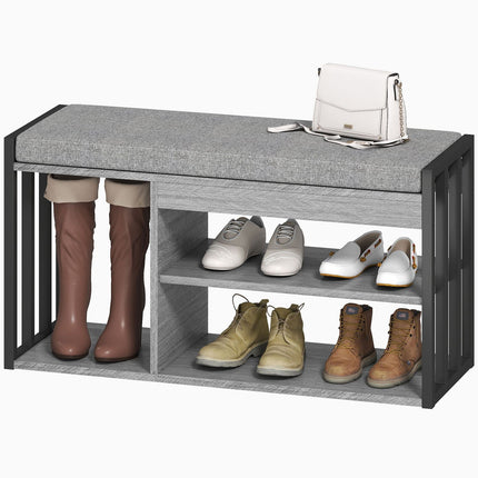 Shoe Storage Bench with Cushion, 3-Tier Design, Gray