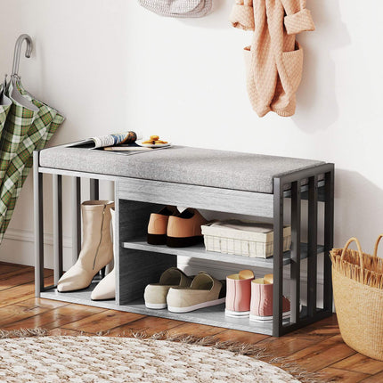 Shoe Storage Bench with Cushion, 3-Tier Design, Gray