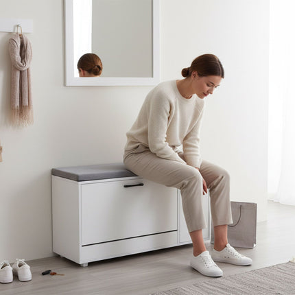 Shoe Storage Bench with Padded Seat and Cupboard