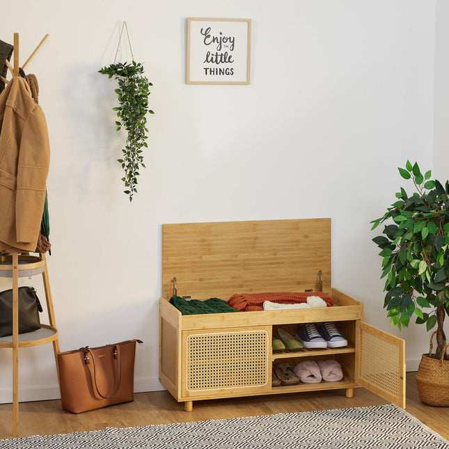 Schoenenopbergbank met zitting en rotan-look deuren