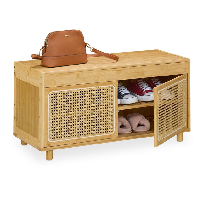 Schoenenopbergbank met zitting en rotan-look deuren
