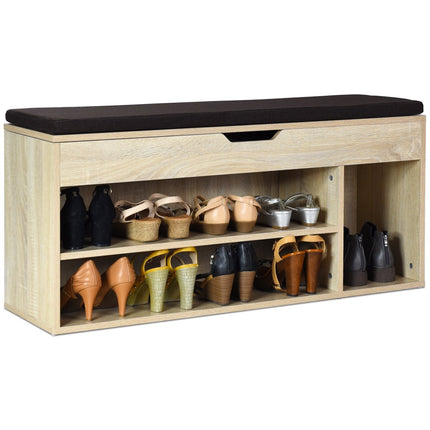 Schoenenbank schoenenkast schoenenrek met zitkussen hout 104 x 48 x 30 cm wit/natuur-natuur