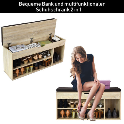 Schoenenbank schoenenkast schoenenrek met zitkussen hout 104 x 48 x 30 cm wit/natuur-natuur