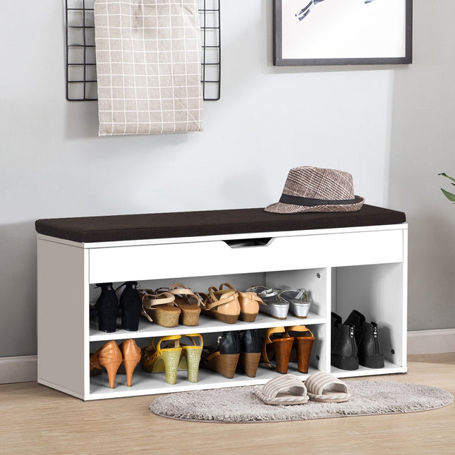 Schoenenbank schoenenkast schoenenrek met zitkussen hout 104 x 48 x 30 cm wit/natuurwit