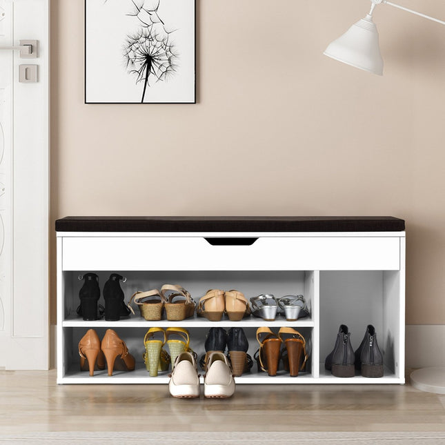 Schoenenbank schoenenkast schoenenrek met zitkussen hout 104 x 48 x 30 cm wit/natuurwit