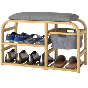 Bamboo shoe bench with pull-out basket, fits 5 pairs, grey