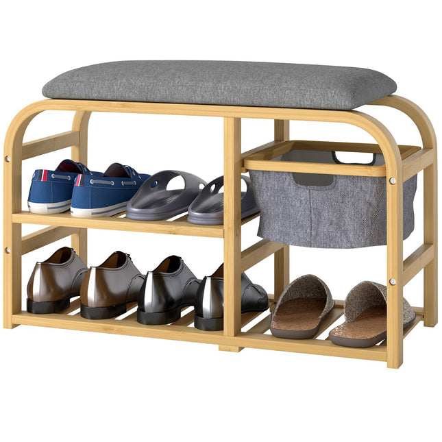 Schoenenbank met 2 niveaus, bank met uittrekbare mand, 2 schoenenrekken, garderobebank met linnenlook, voor 5 paar schoenen, voor hal, gang, bamboe, grijs, 70 x 30 x 45 cm Aosoom