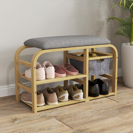Bamboo shoe bench with pull-out basket, fits 5 pairs, grey