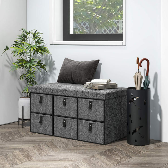 Schoenenbank met 6 dozen, bank, garderobebank met linnenlook, schoenenkist voor 6 paar schoenen, voor hal, hal, donkergrijs, 76,5 x 38 x 38 cm Aosom