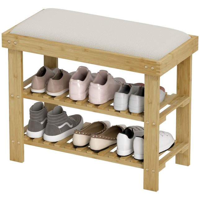Schoenenbank met zitje, bamboe bank met opbergruimte, schoenenrek met 2 open vakken, bank, garderobebank voor woonkamer, hal, 60 x 29 x 49 cm crèmewit |