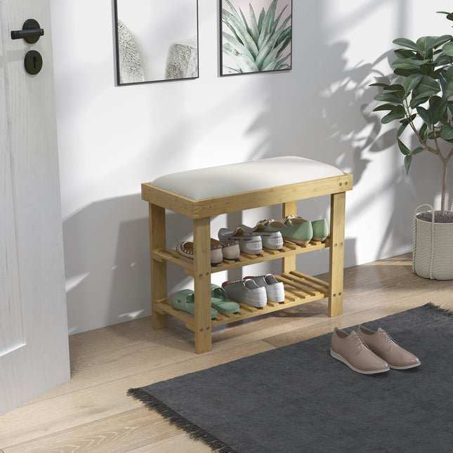 Schoenenbank met zitje, bamboe bank met opbergruimte, schoenenrek met 2 open vakken, bank, garderobebank voor woonkamer, hal, 60 x 29 x 49 cm crèmewit |