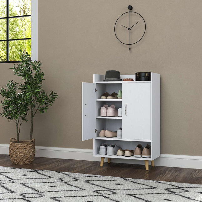 Schoenenkast, schoenenrek met deuren en planken, voor 12 schoenen, moderne schoenenladekast, schoenenrekken voor gangen en entrees, massief hout, 60 x 30 x 92 cm, wit