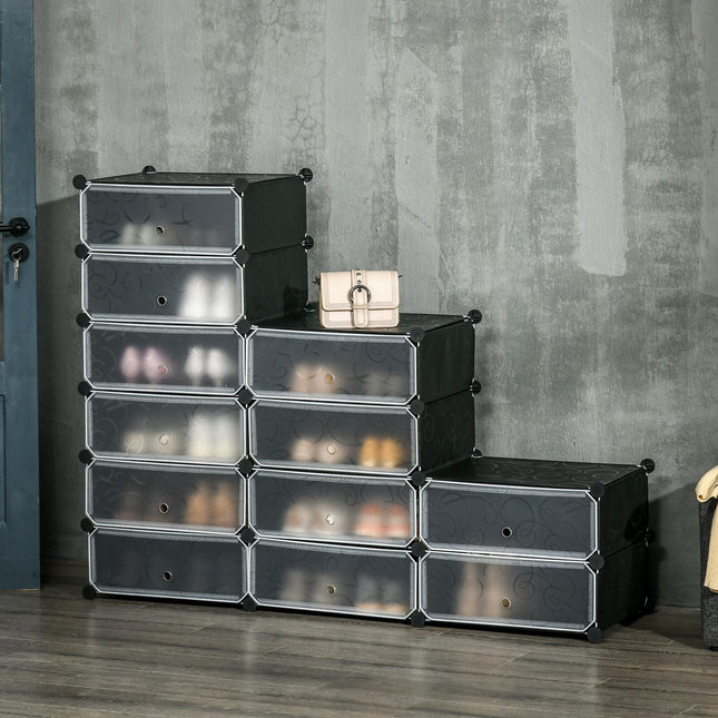 Schoenenkast met 12 vakken, modulaire plank voor 12 paar schoenen, doe-het-zelf-insteekplank, schoenenopberger voor de gang, zwart, 49 x 37 x 108 cm Aosoom