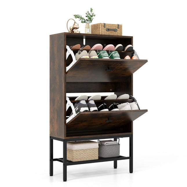 Shoe cabinet with 2 flaps &amp; 4 shelves &amp; Open shelf shoe tipper shoe rack rustic brown