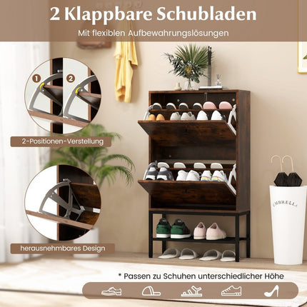 Shoe cabinet with 2 flaps &amp; 4 shelves &amp; Open shelf shoe tipper shoe rack rustic brown
