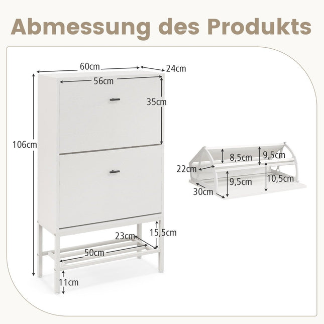 Schoenenkast met 2 kleppen en 4 planken en open schoenenrek met kiepfunctie, wit