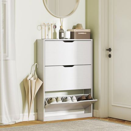 Slim white shoe cabinet for 9-12 pairs, 3 flaps, 80x17x108 cm