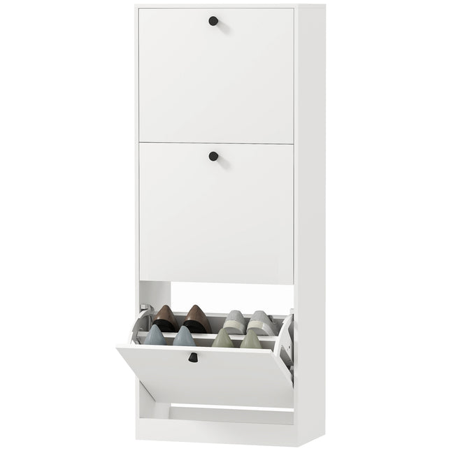 Schoenenkast met 3 kleppen, schoenenrek met verstelbare scheidingswand, schoenenladekast, smalle schoenenkantelaar voor 12 paar schoenen 47 x 26 x 120 cm, wit | Aosoom
