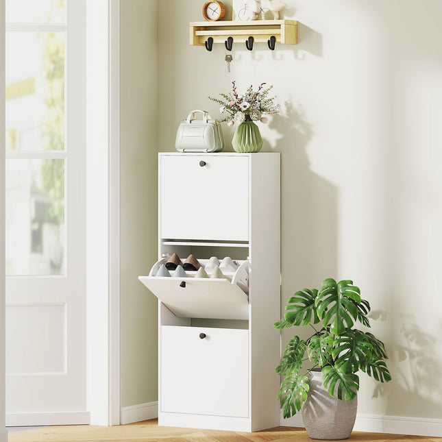 Schoenenkast met 3 kleppen, schoenenrek met verstelbare scheidingswand, schoenenladekast, smalle schoenenkantelaar voor 12 paar schoenen 47 x 26 x 120 cm, wit | Aosoom