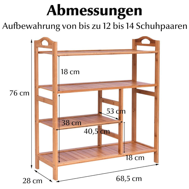 Schoenenrek van bamboe met 4 niveaus en handvat schoenenrek schoenenopberger natuurlijk