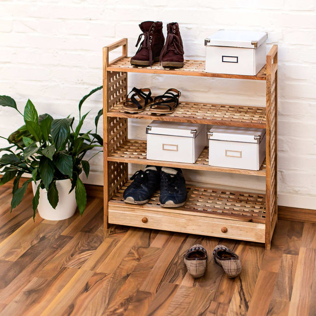Shoe shelf in walnut wood with drawer