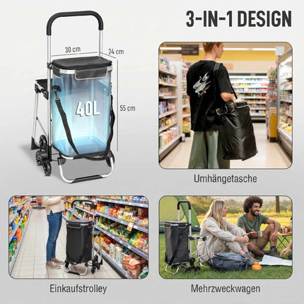 Shopping Trolley, 40L Oxford Bag, 3-Wheel Design, Dark Grey