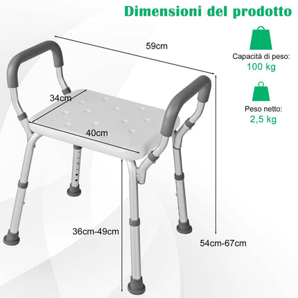 Shower Chair With Detachable Padded Arms, Height Adjustable