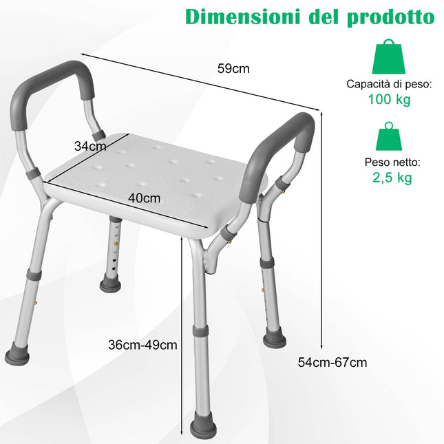 Shower Chair With Detachable Padded Arms, Height Adjustable