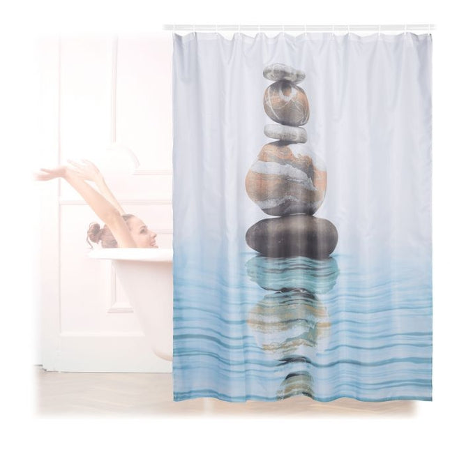 Douchegordijn stenen toren en water 180x180