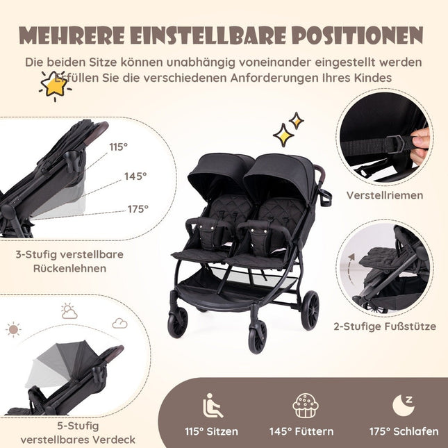 Sibling stroller foldable twin stroller with adjustable backrest portable twin buggy dark gray
