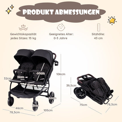 Sibling stroller foldable twin stroller with adjustable backrest portable twin buggy dark gray