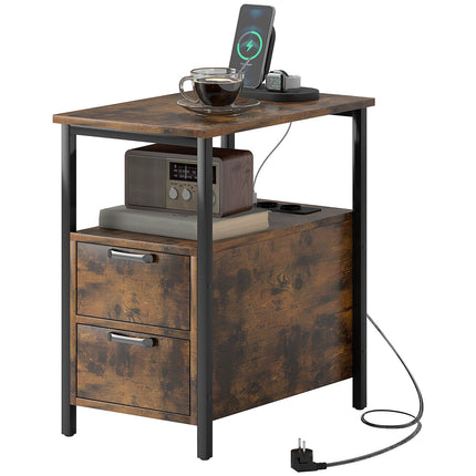 Rustic brown side table with charging station and storage