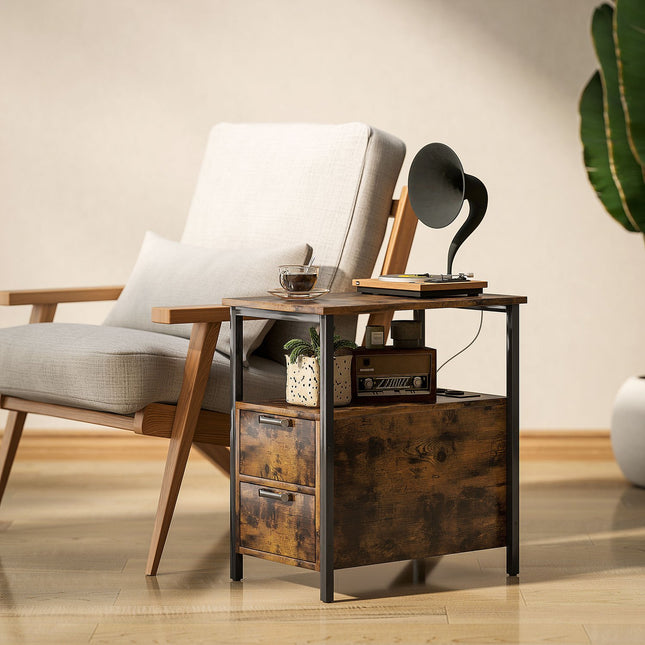 Rustic brown side table with charging station and storage