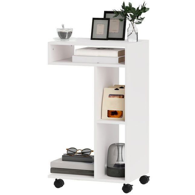 White coffee table with wheels - 4-shelf multifunctional desk