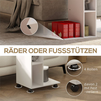 White coffee table with wheels - 4-shelf multifunctional desk