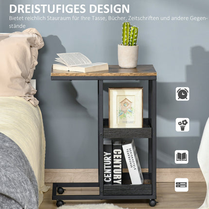 Industrial side table with wheels, dark brown, 51x33x66 cm