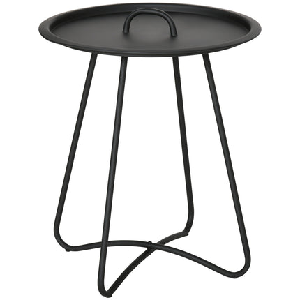 Round black metal side table with carrying handle