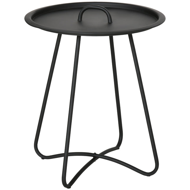 Round black metal side table with carrying handle
