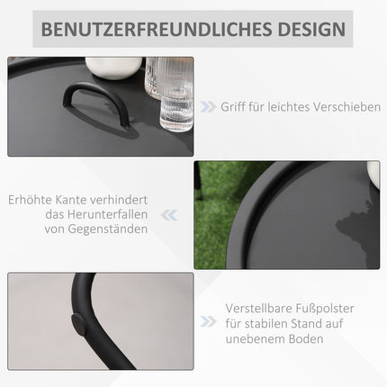 Round black metal side table with carrying handle