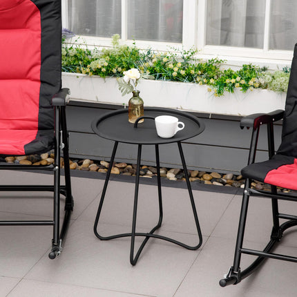 Round black metal side table with carrying handle