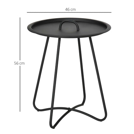 Round black metal side table with carrying handle