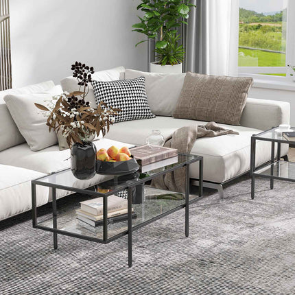 Glass coffee table, 3 shelves, Steel frame, Black