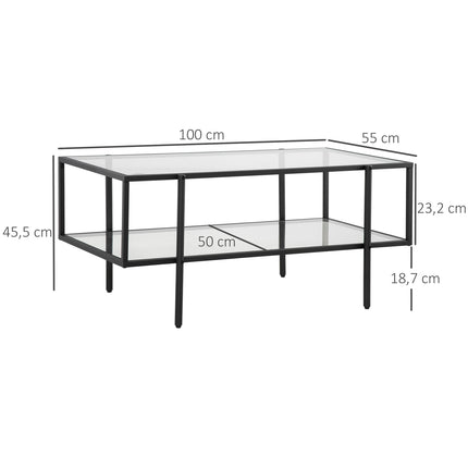 Glass coffee table, 3 shelves, Steel frame, Black