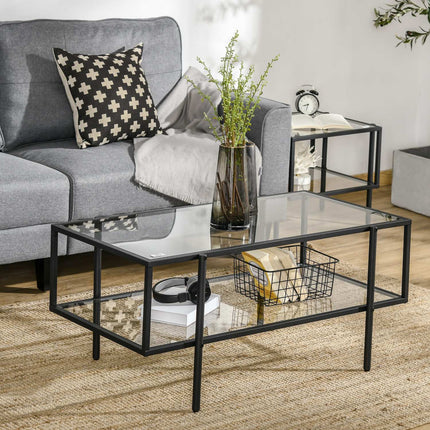 Glass coffee table, 3 shelves, Steel frame, Black