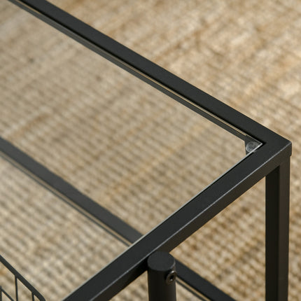 Glass coffee table, 3 shelves, Steel frame, Black